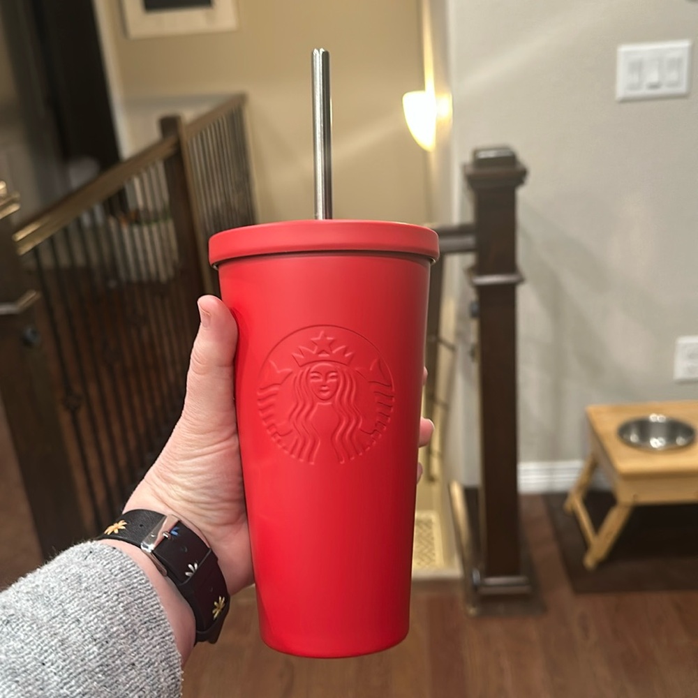 2016 Starbucks Christmas Matte Grande Red Tumbler with silver straw, new in box